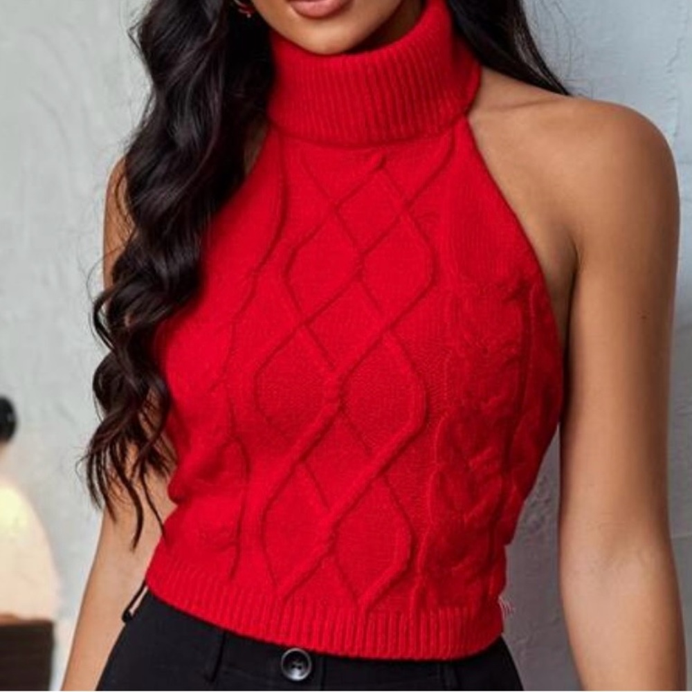 Red Turtleneck Cable Knit Sweater